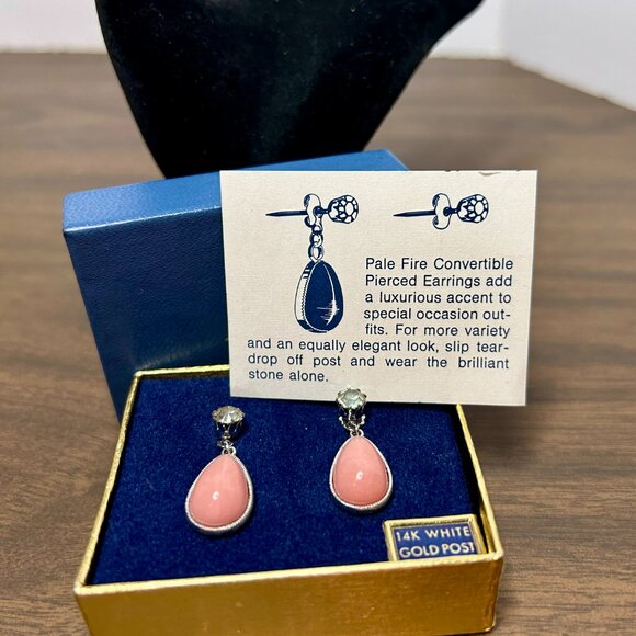 Vtg 70s Avon Convertible Faux Pink Coral Earrings w/ 14K White Gold Posts - Picture 3 of 3